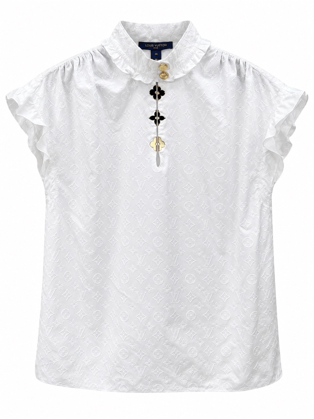 Louis Vuitton White Monogram Ruffle Collar Blouse with Gold Accents
